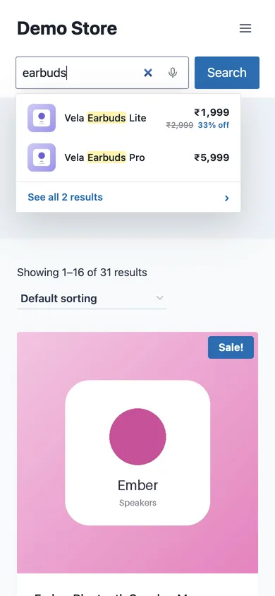 The same WooCommerce search box on a phone