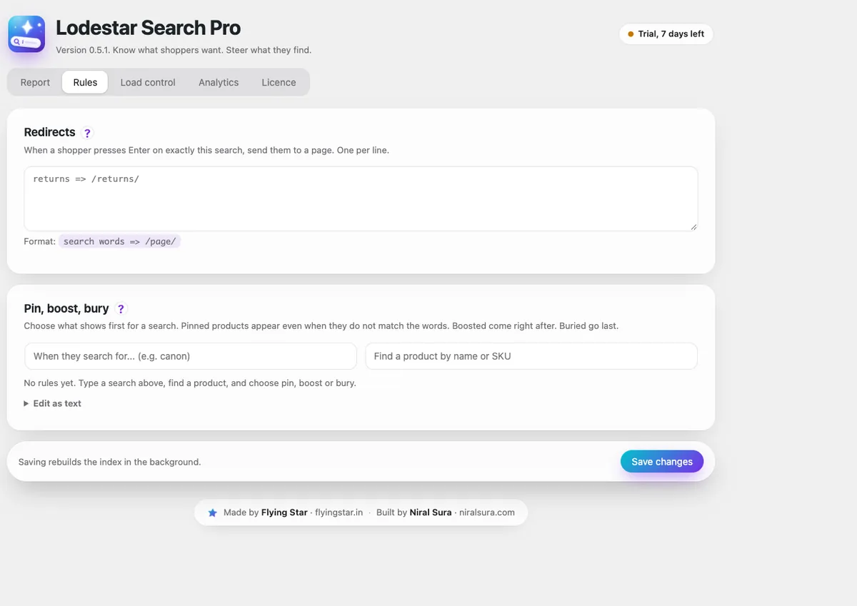 SpotFind Pro rules screen with search redirects and pin, boost, bury product controls