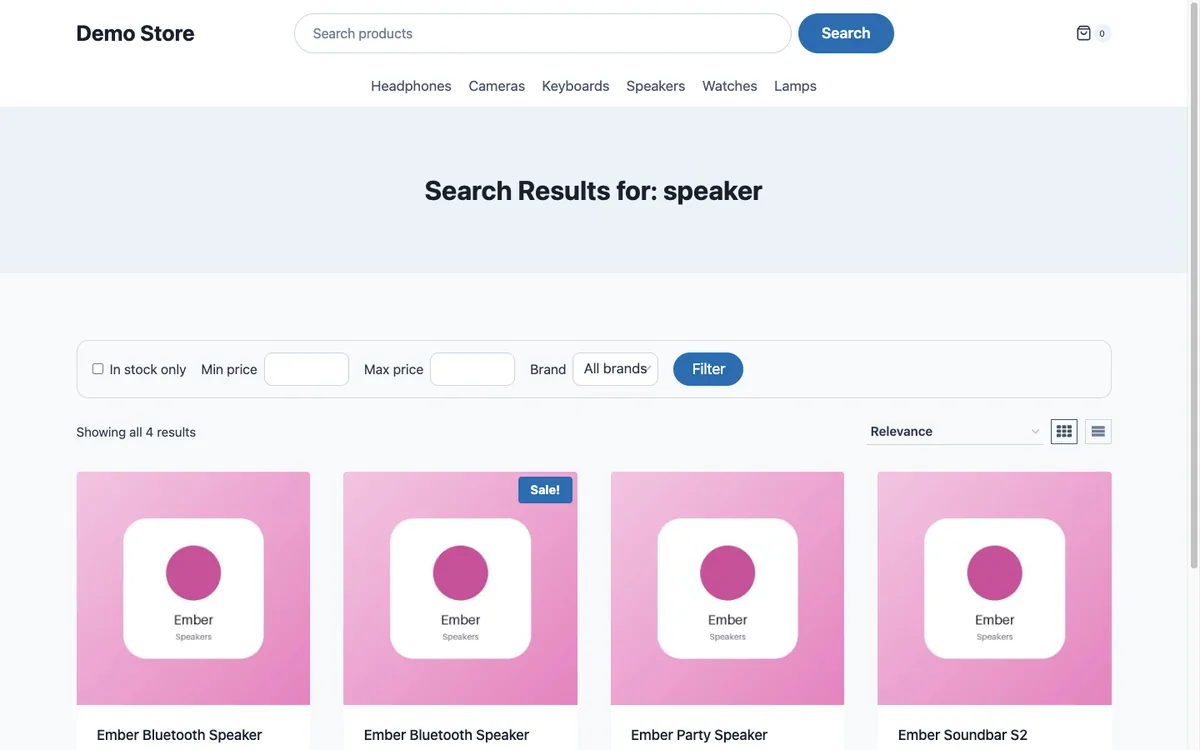 WooCommerce search results page with in stock, price and brand filters above the product grid